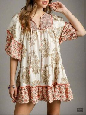 SHEIN Cream Mini Dress with Coral & Tan Floral boho Prints